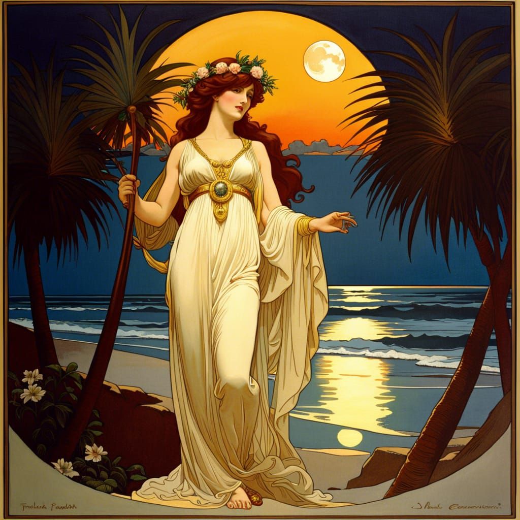 Florida Summer Goddess Under Full Moon in Art Deco