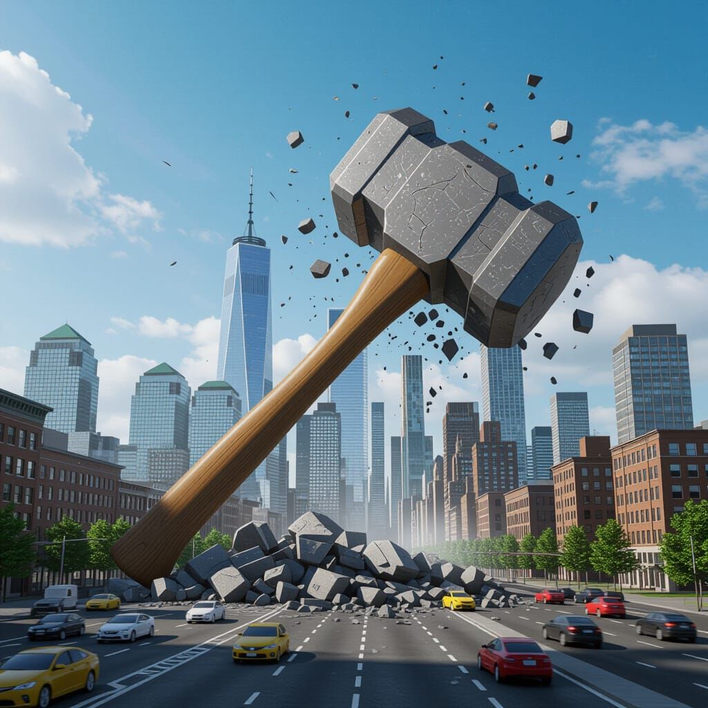 Giant Hammer Destroys Cityscape