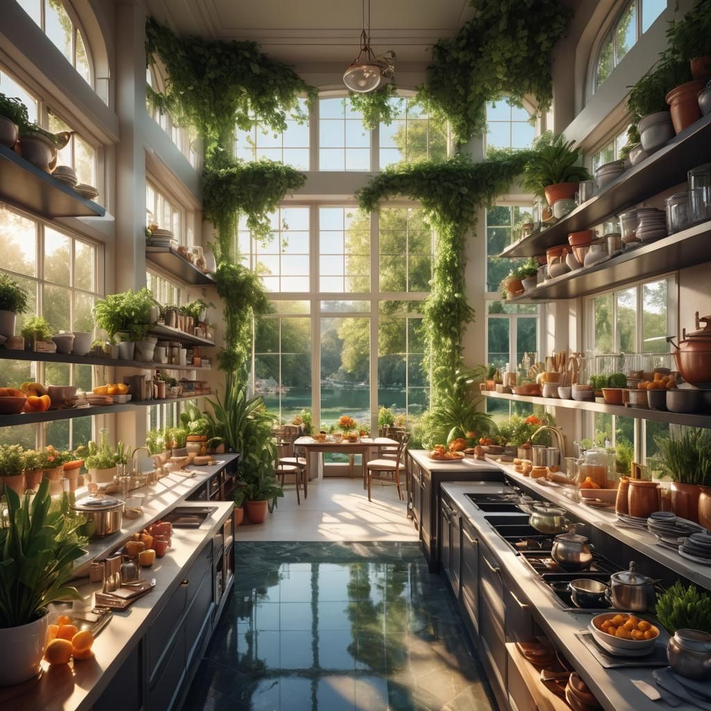 Luxurious Mansion Kitchen with Lush Garden View