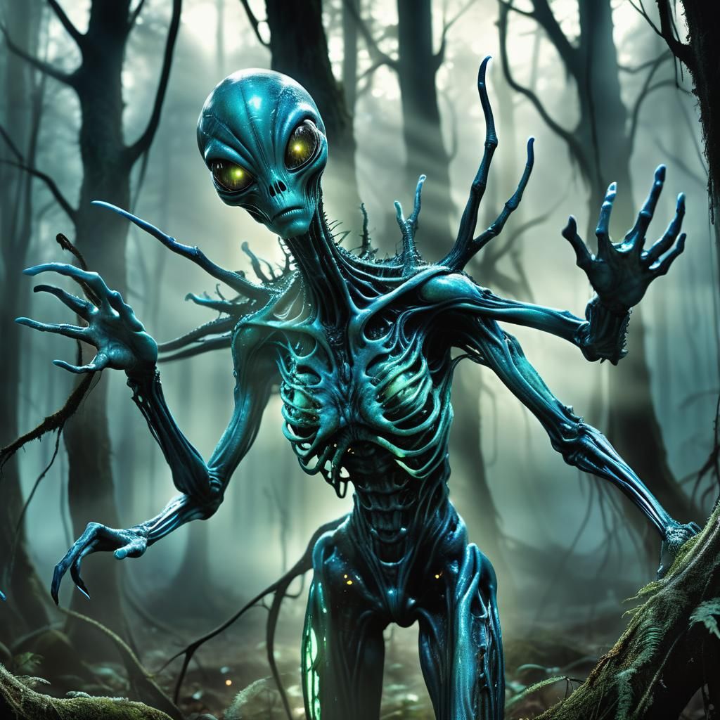 Glowing-Eyed Alien in Forest, Surrealist Style