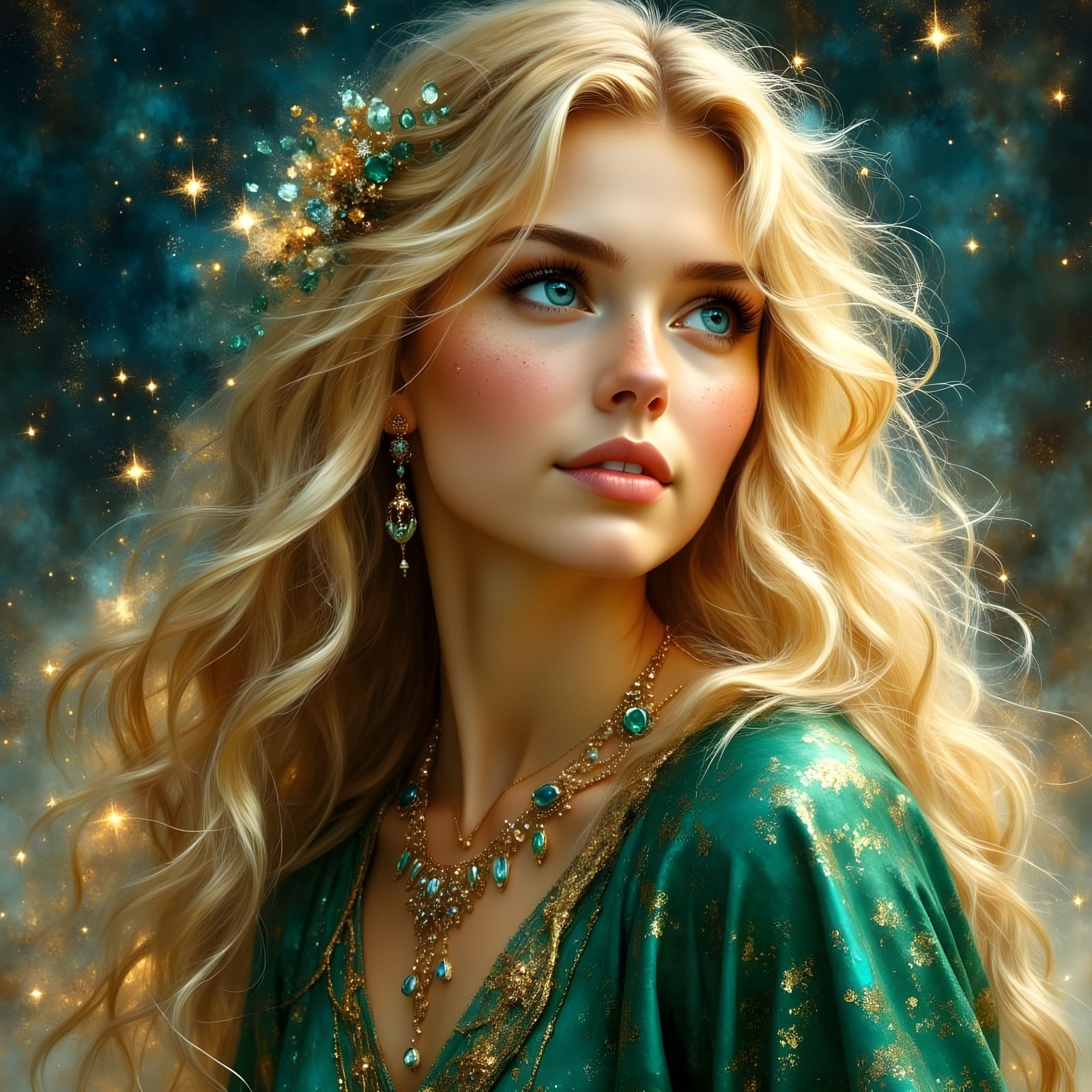 Norse Goddess with Blonde Hair and Emerald Robe Under Stars
