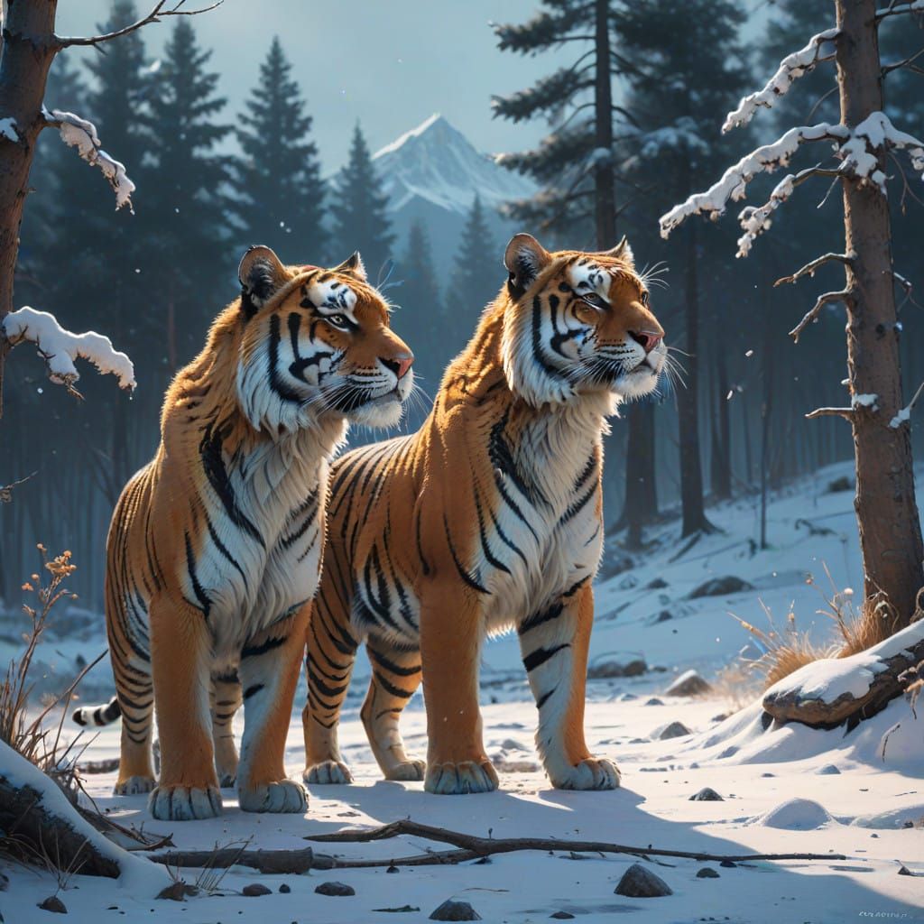 Tigers in Winter Wonderland Scene in Hyperrealistic Style