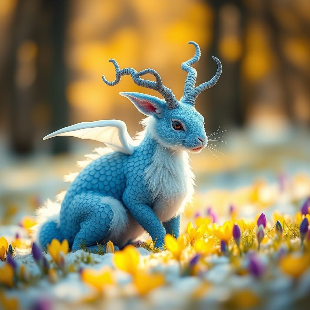 Enchanted Winter Dragon-Bunny Amidst Crocus Blooms