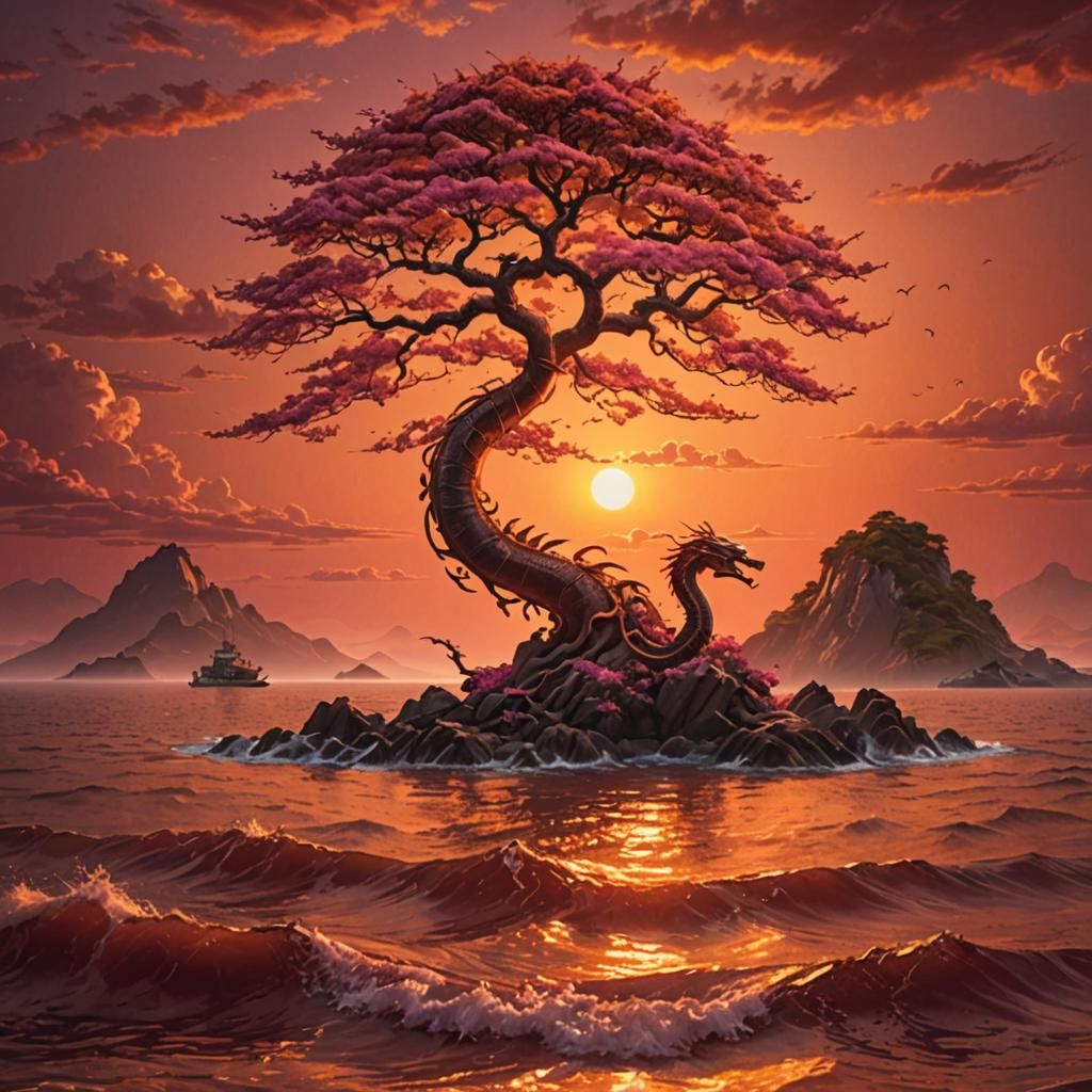 Sakura Tree Island with Sea Serpent at Sunset