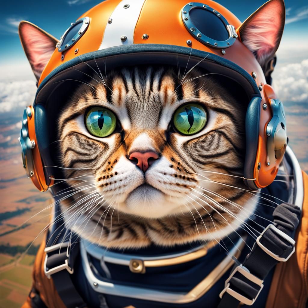 Hyperrealistic Skydiving Cat with Parachute and Helmet