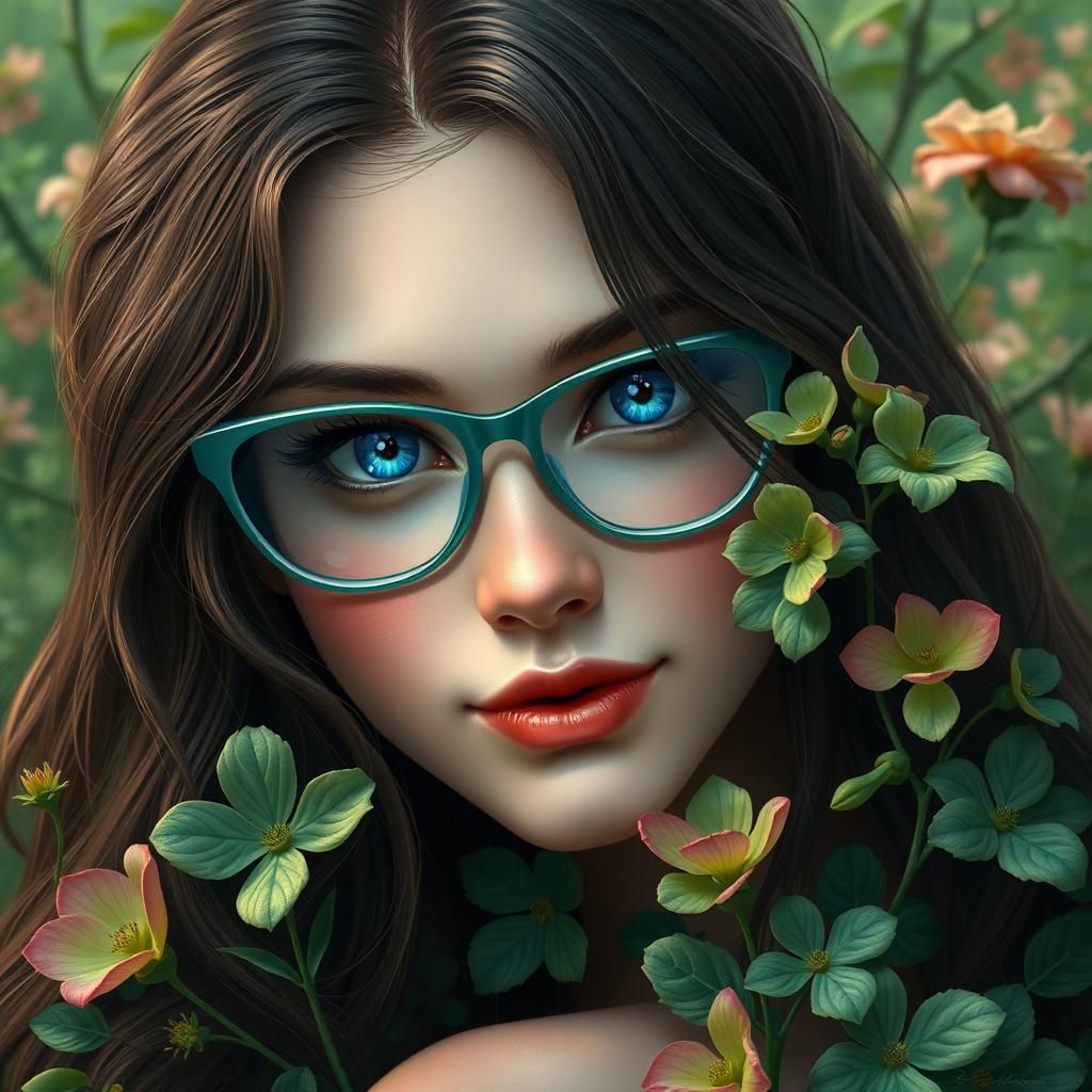 Maiden with Blue Eyes and Flowers, Digital Art