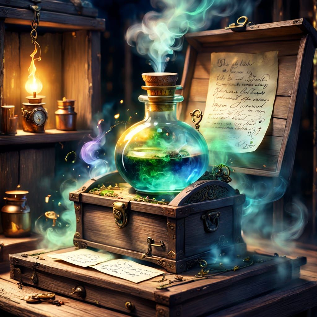Whimsical Fantasy Art: Steaming Potion Bottle with Golden Li...