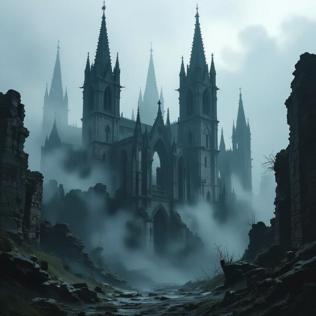 Spectral Gothic landscape of a haunted monastery in the eeri...