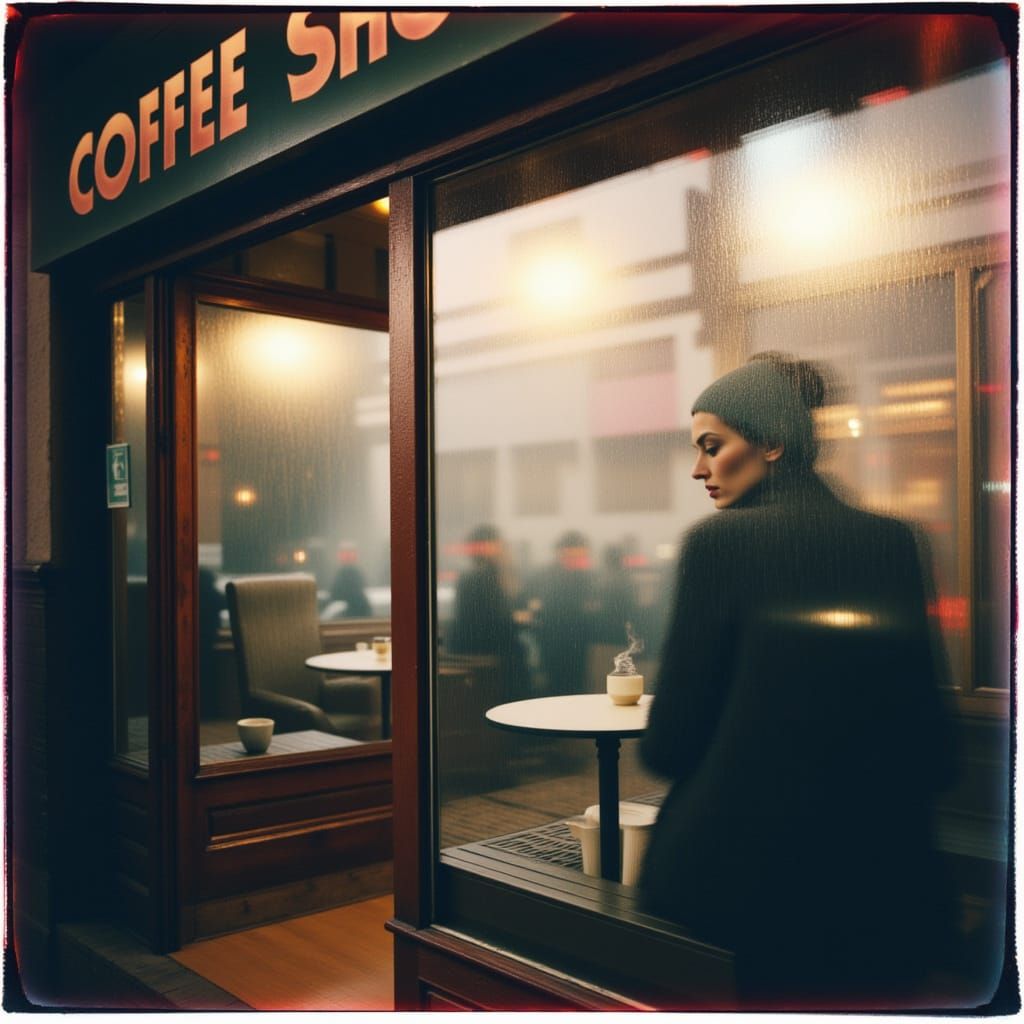 Rainy Coffee Shop Window View in Winter