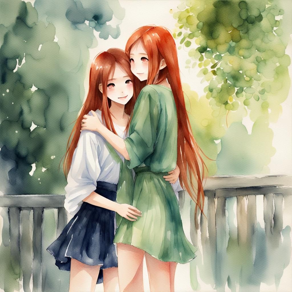 Two Beautiful Women in Watercolor Embrace