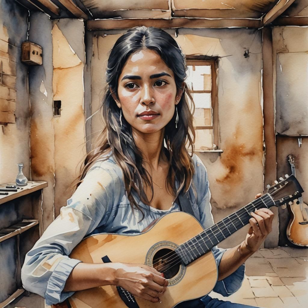 Mexican Woman Guitar Portrait in Impressionism Watercolor