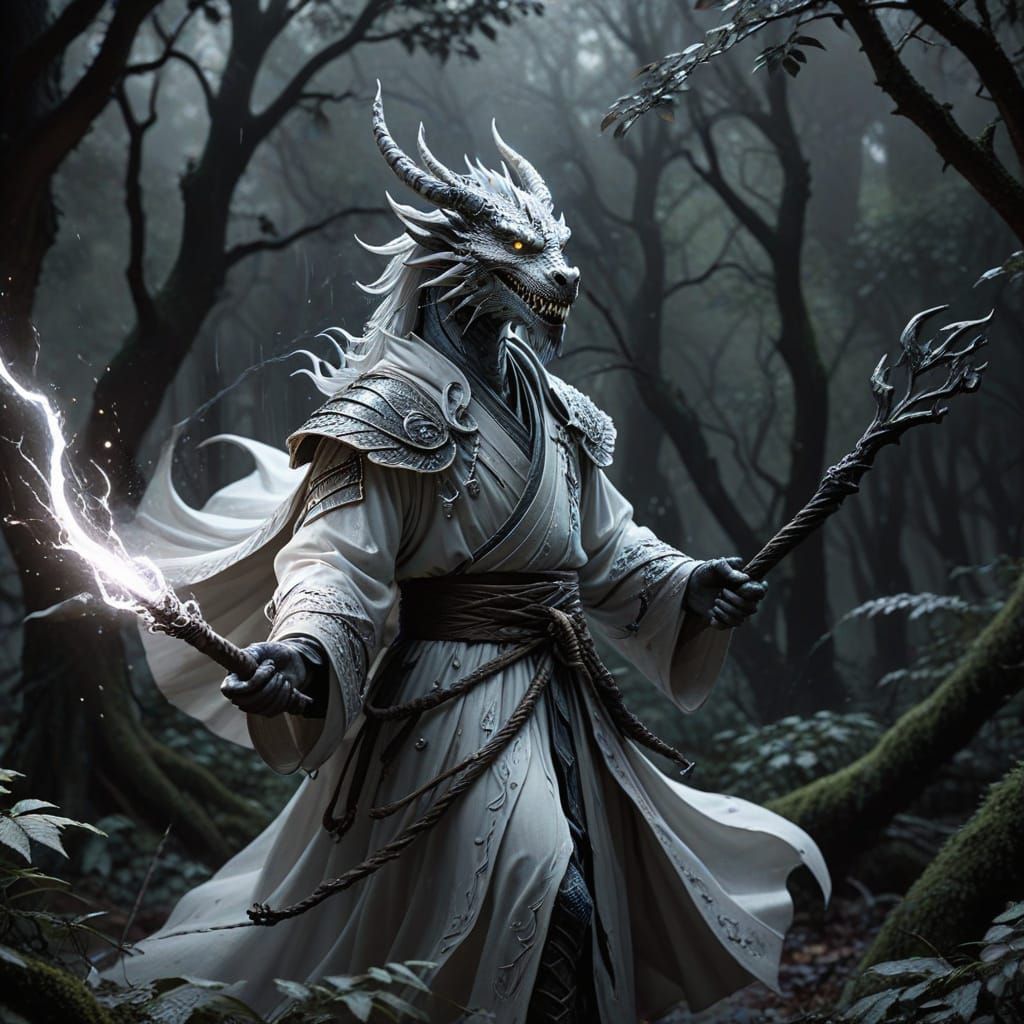 Dragon Sorcerer Dances in Storm, Pencil Sketch Style