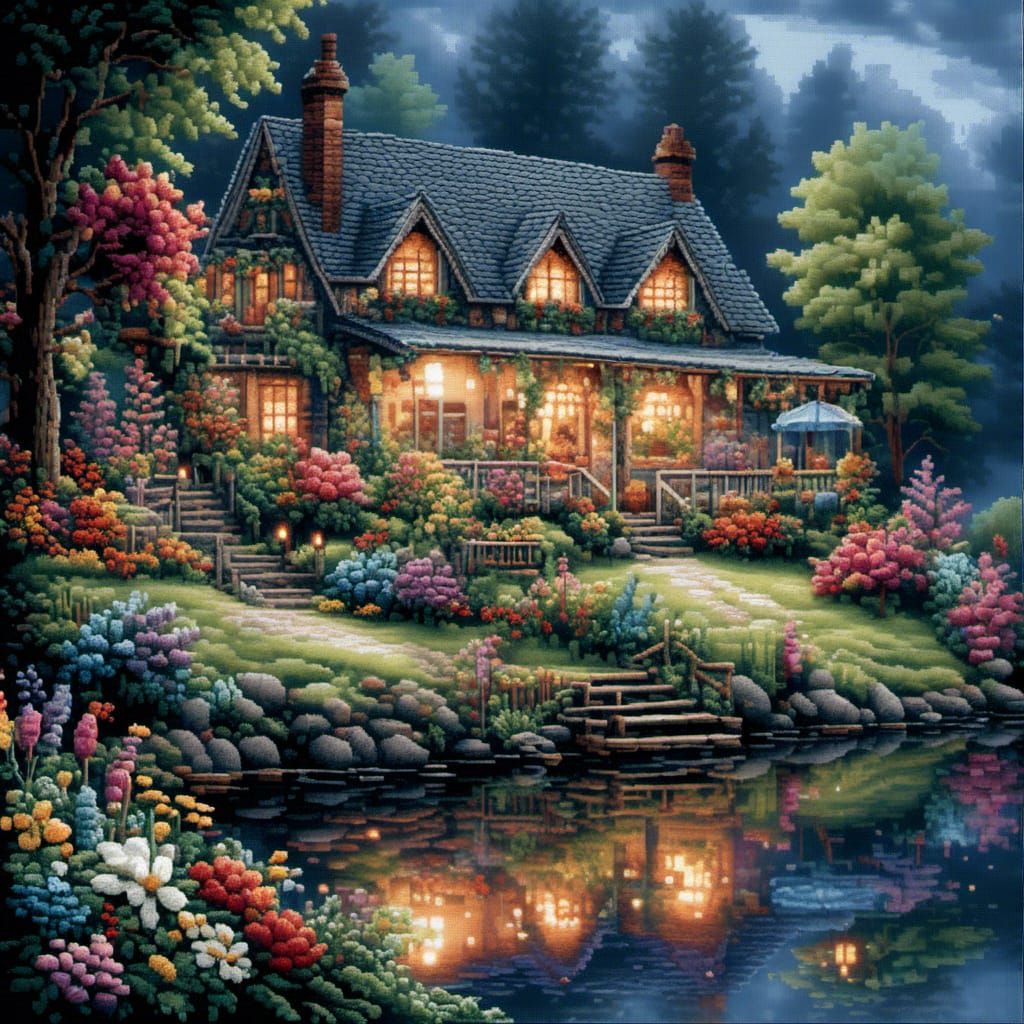Cross-Stitch Cottage at Lake with Flowers