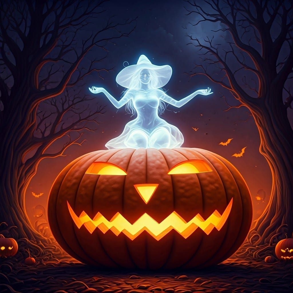Ethereal Witch Orchestrates Spooky Symphony on Giant Pumpkin