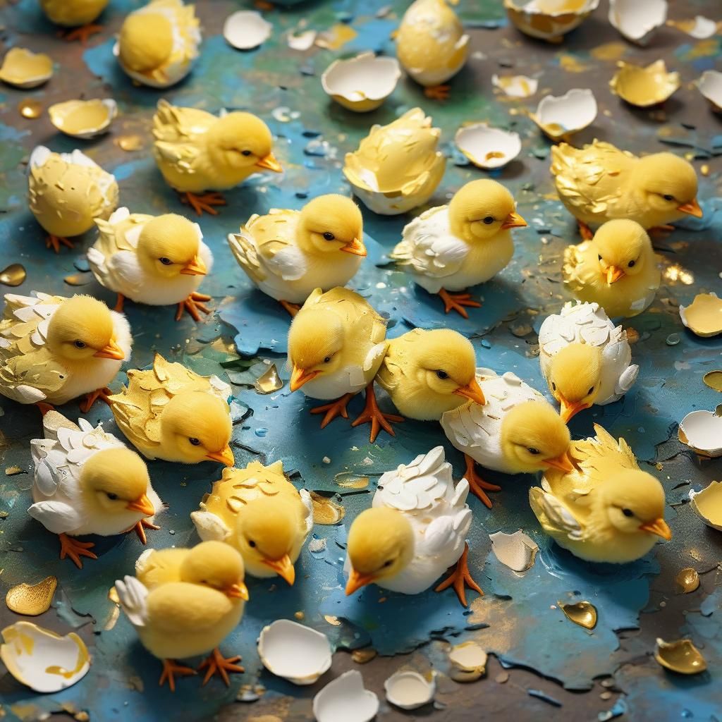 Chicks Hatching: Impressionist Gouache Masterpiece