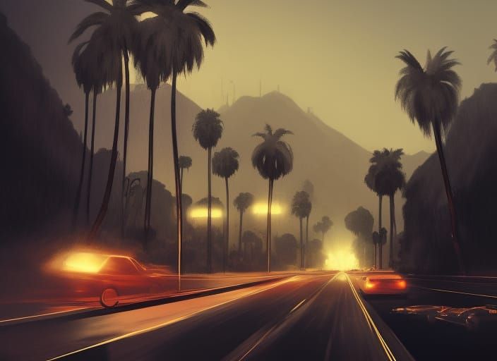 Los Angeles Hollywood Hills Nightscape in Dark Fantasy Style