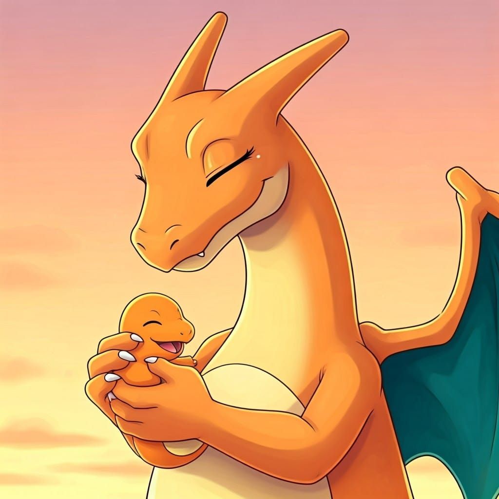 Gentle Charizard Cares for a Sleeping Charmander in a Serene...