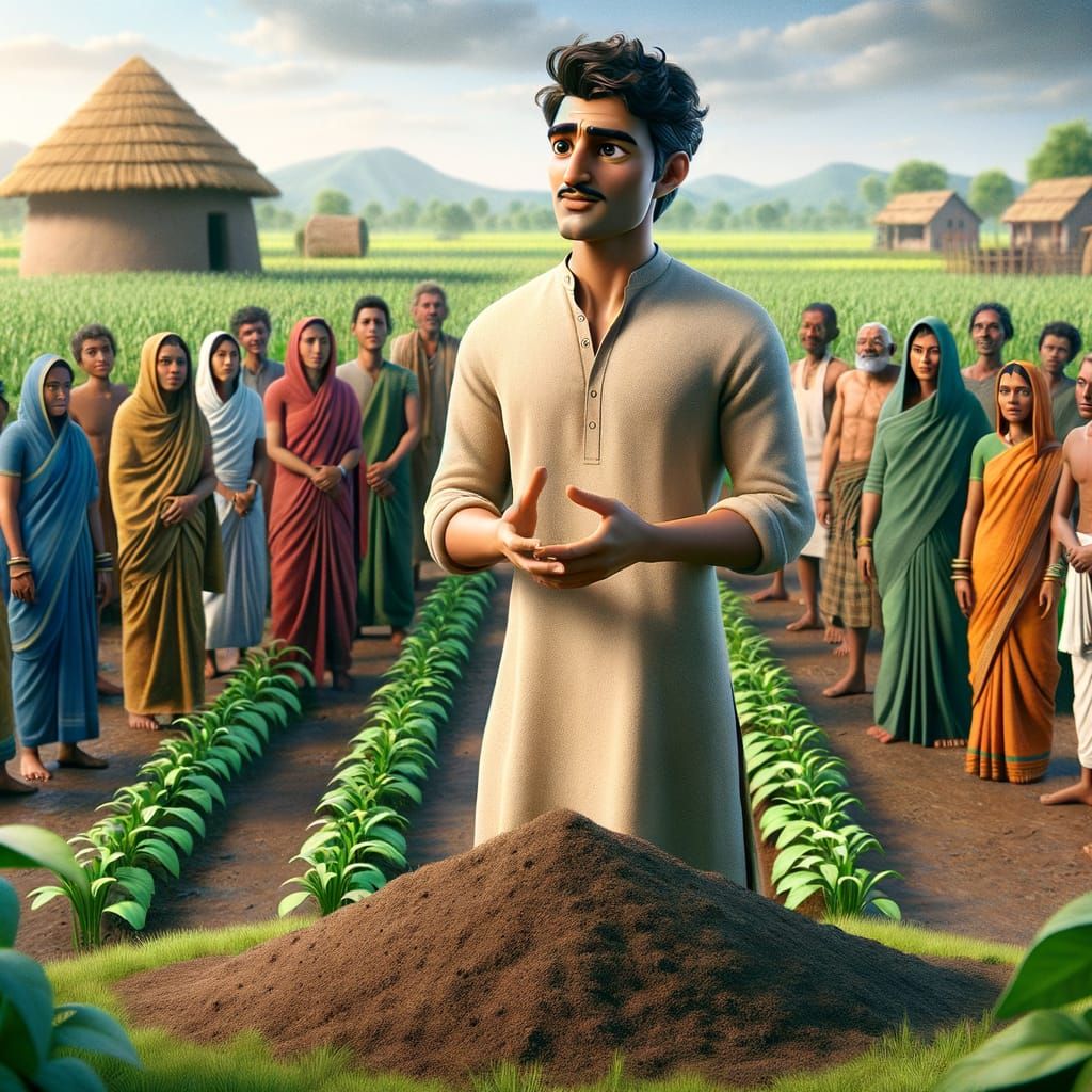 Indian Farmer Teaching Organic Composting in 3D Cartoon Styl...