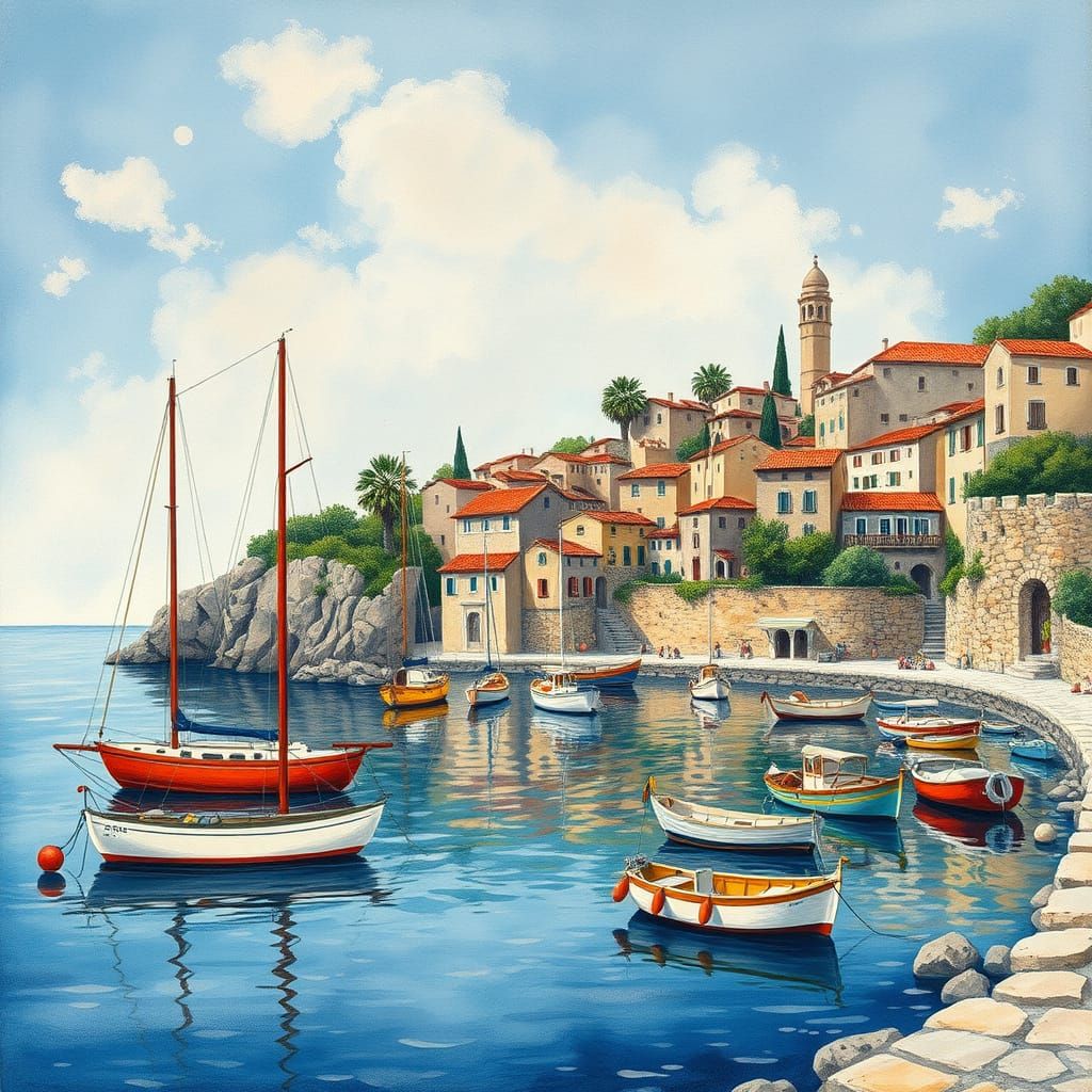 Serene Harbor Scene in Gouache Style