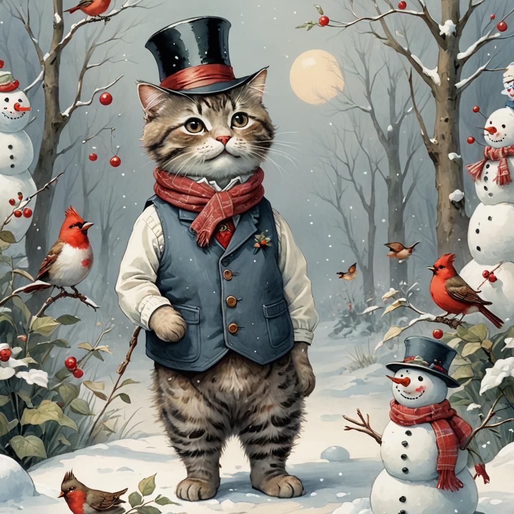 Whimsical Kitty Meets Snowman Friend in Beatrix Potter Style