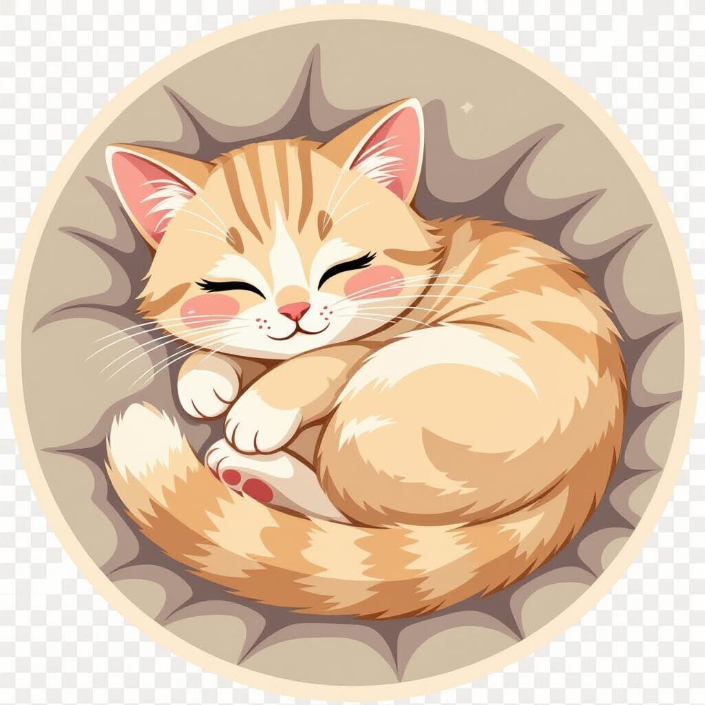 Sleeping Cat in Beige Frame, Delicate Line Art