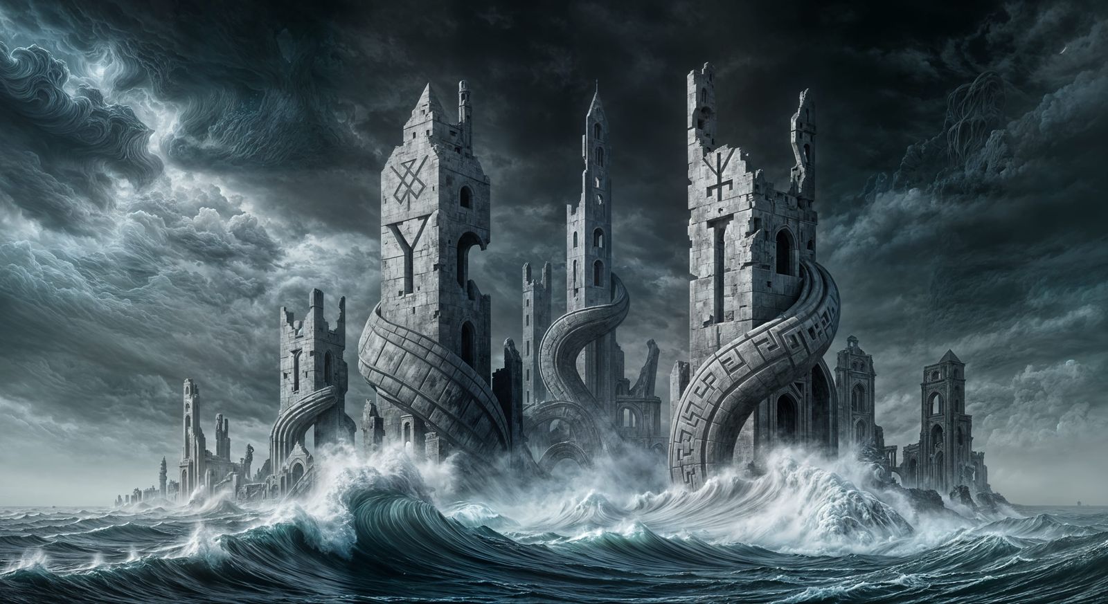 Cosmic Horror Architecture Emerging From Stormy Seas