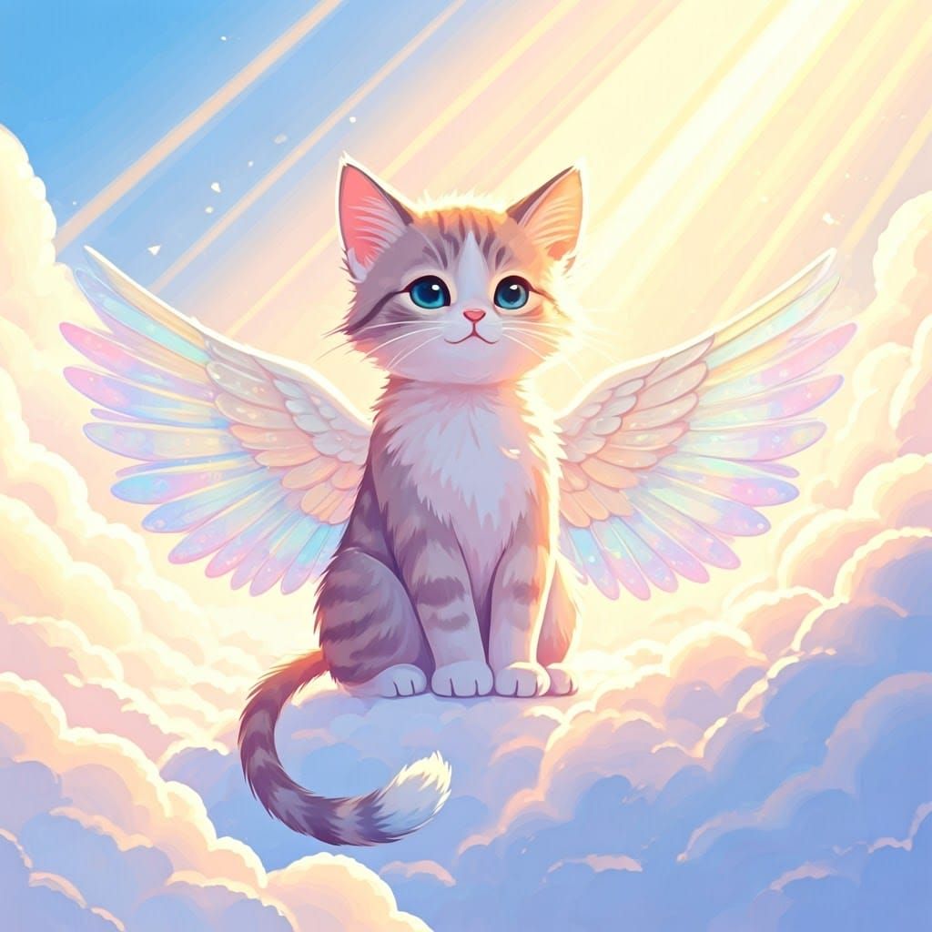 Kawaii Rainbow Cat with Wings in Digital Art Style