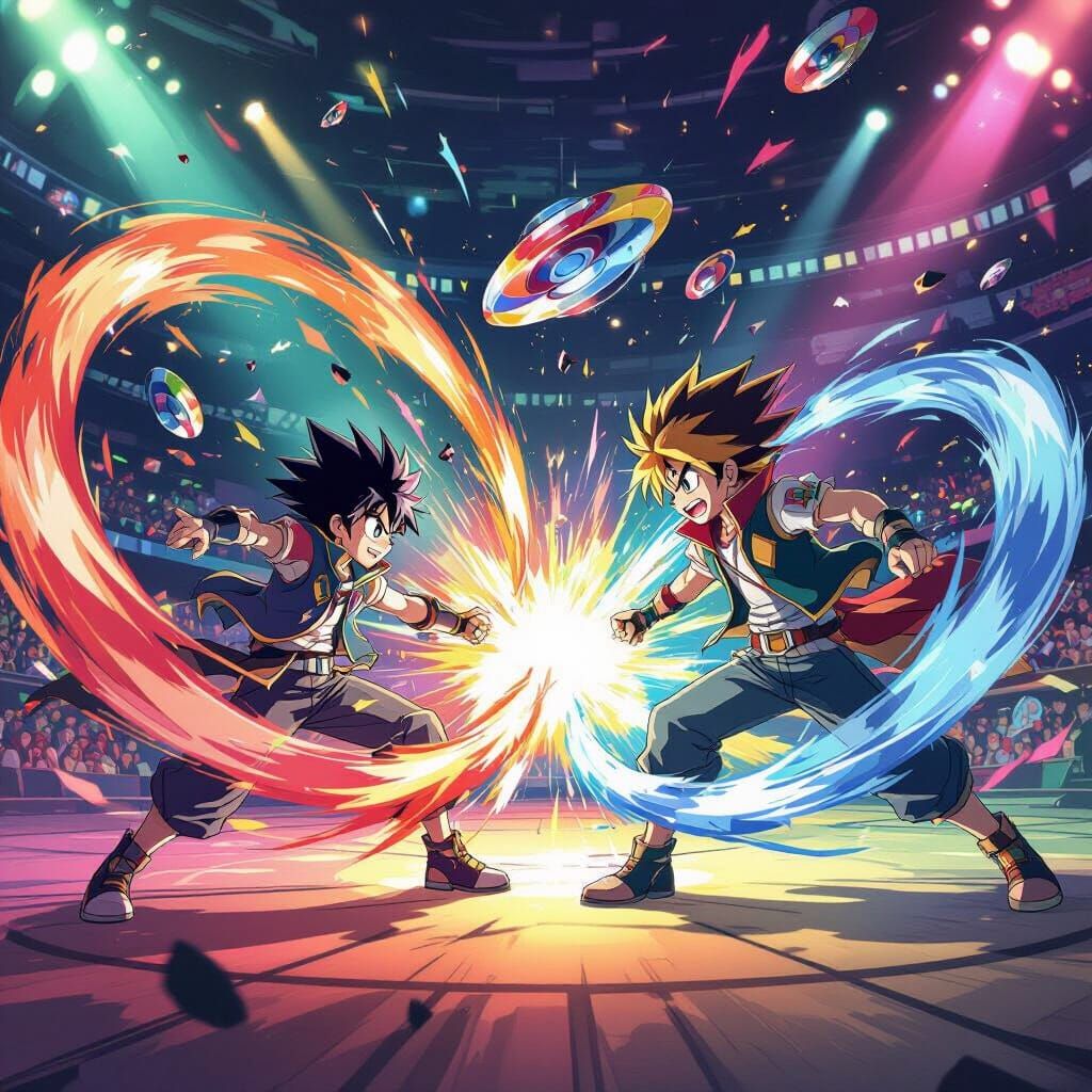Intense Beyblade Clash in Studio Trigger Manga Style