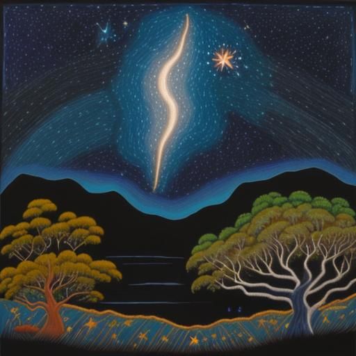 Aboriginal Dreamtime Landscape with Moon and Stars