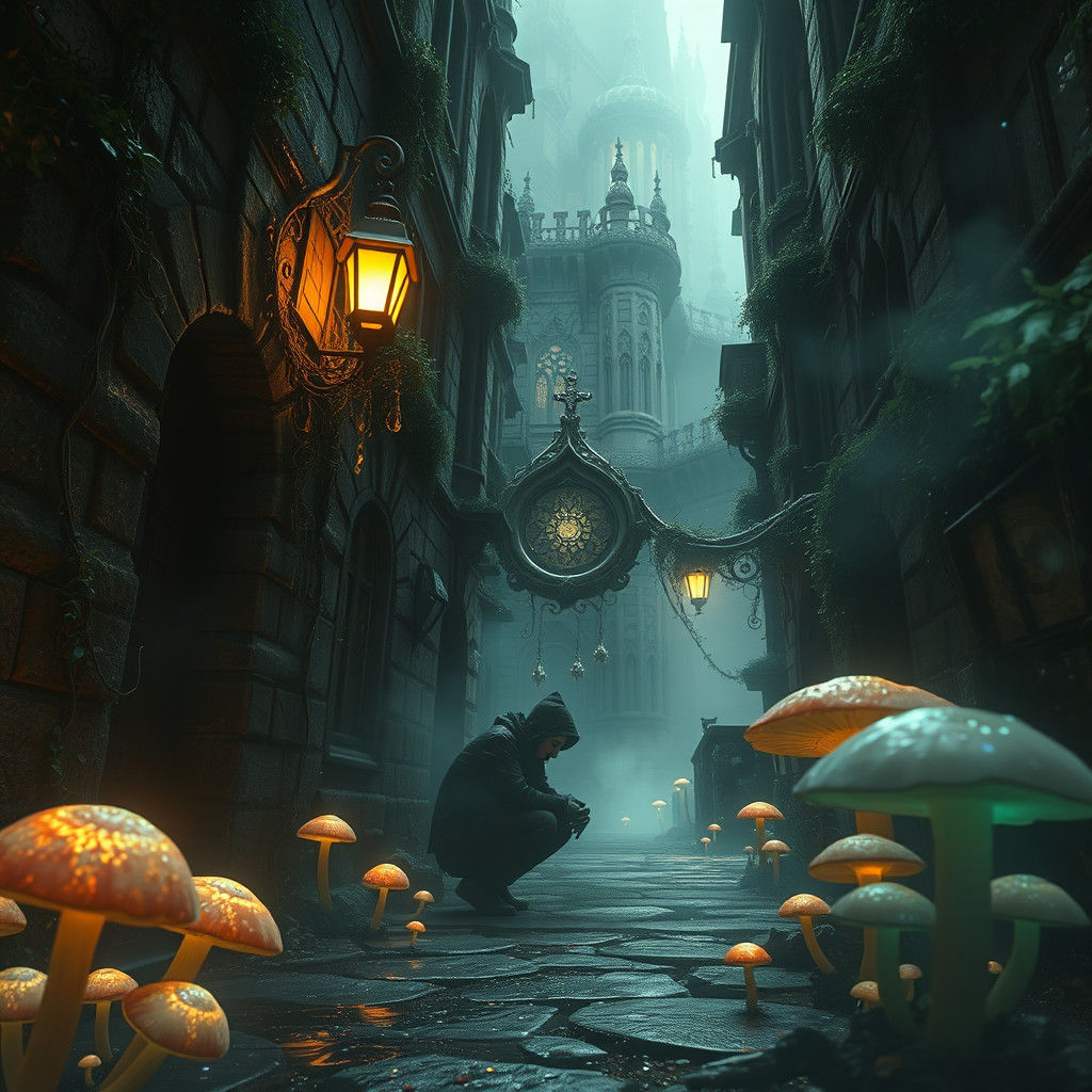 Homeless Person in Mystical Alleyway, Unreal Engine 5