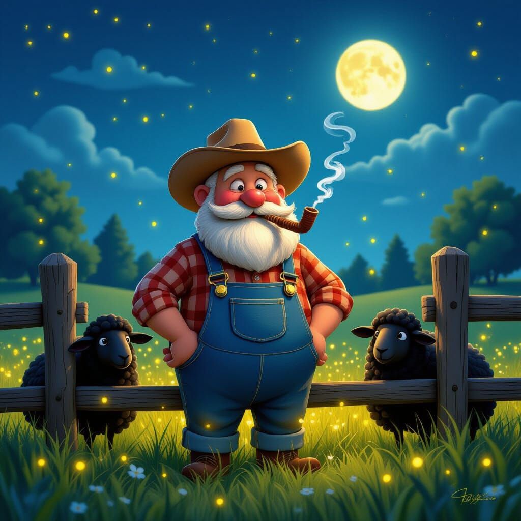 Hyperrealistic Farmer and Sheep in Moonlit Meadow