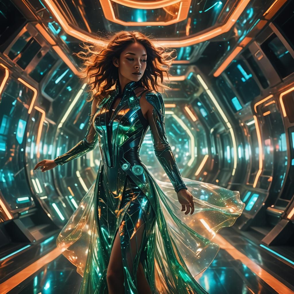 Girl in Holographic Dress Floating in Spaceship