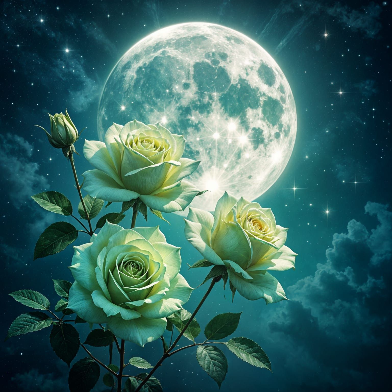 Gothic Green Roses Under the Full Moon