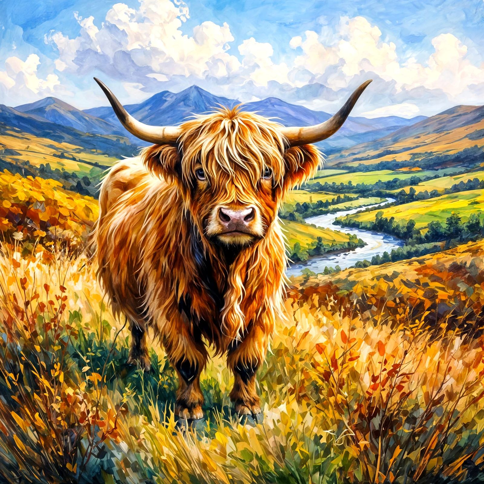 Highland Cow in Scottish Valley, Impressionist Painting