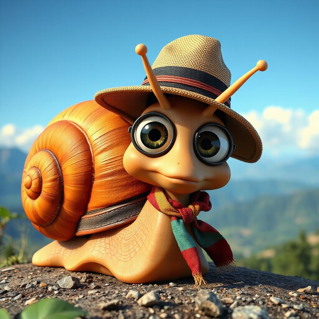 Cartoon Snail with Panama Hat in 3D Pixar Style
