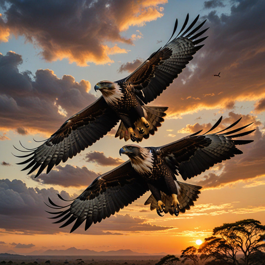 Majestic Crowned Eagles Soar Together at Sunset