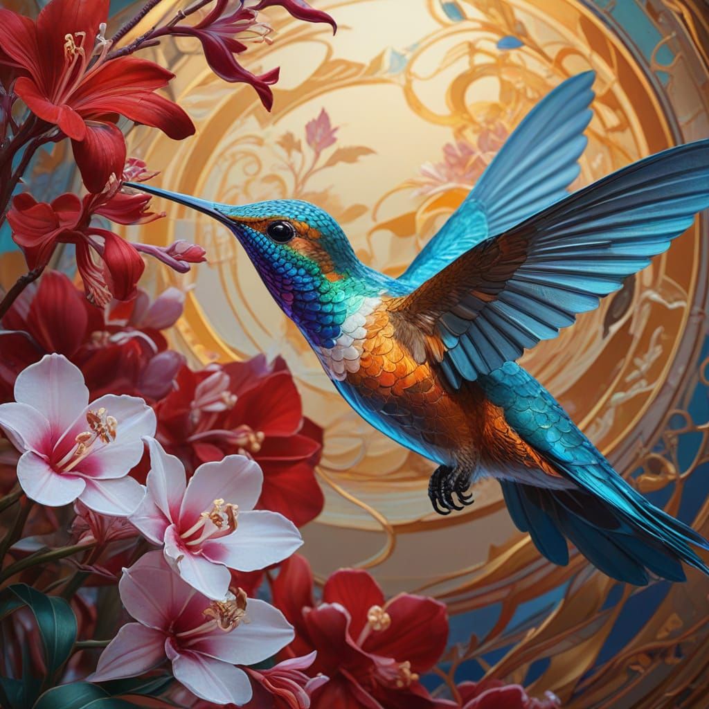 Chrome Hummingbird Sipping Nectar, Fantasy Concept Art