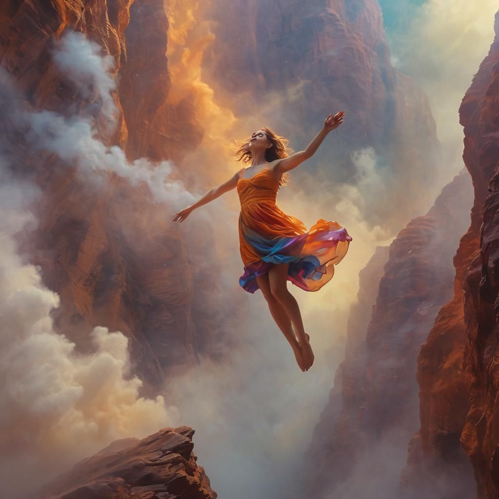 Woman Floating in Surreal Canyon as Oil Painting