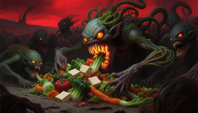 Demonic Horde Devours Vegetables in Dark Fantasy Art