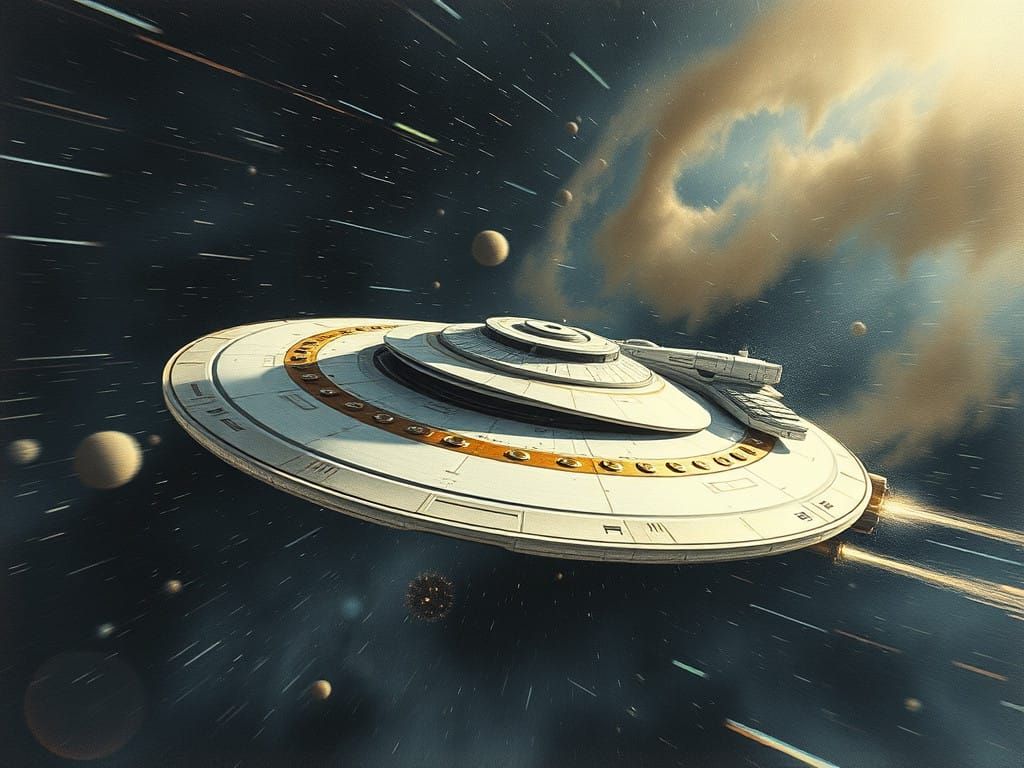 Glossy Retro Starship Speeds Through Cosmic Dust