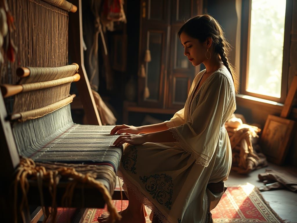 Elegant Woman Weaves Serene Scene on Traditional Loom