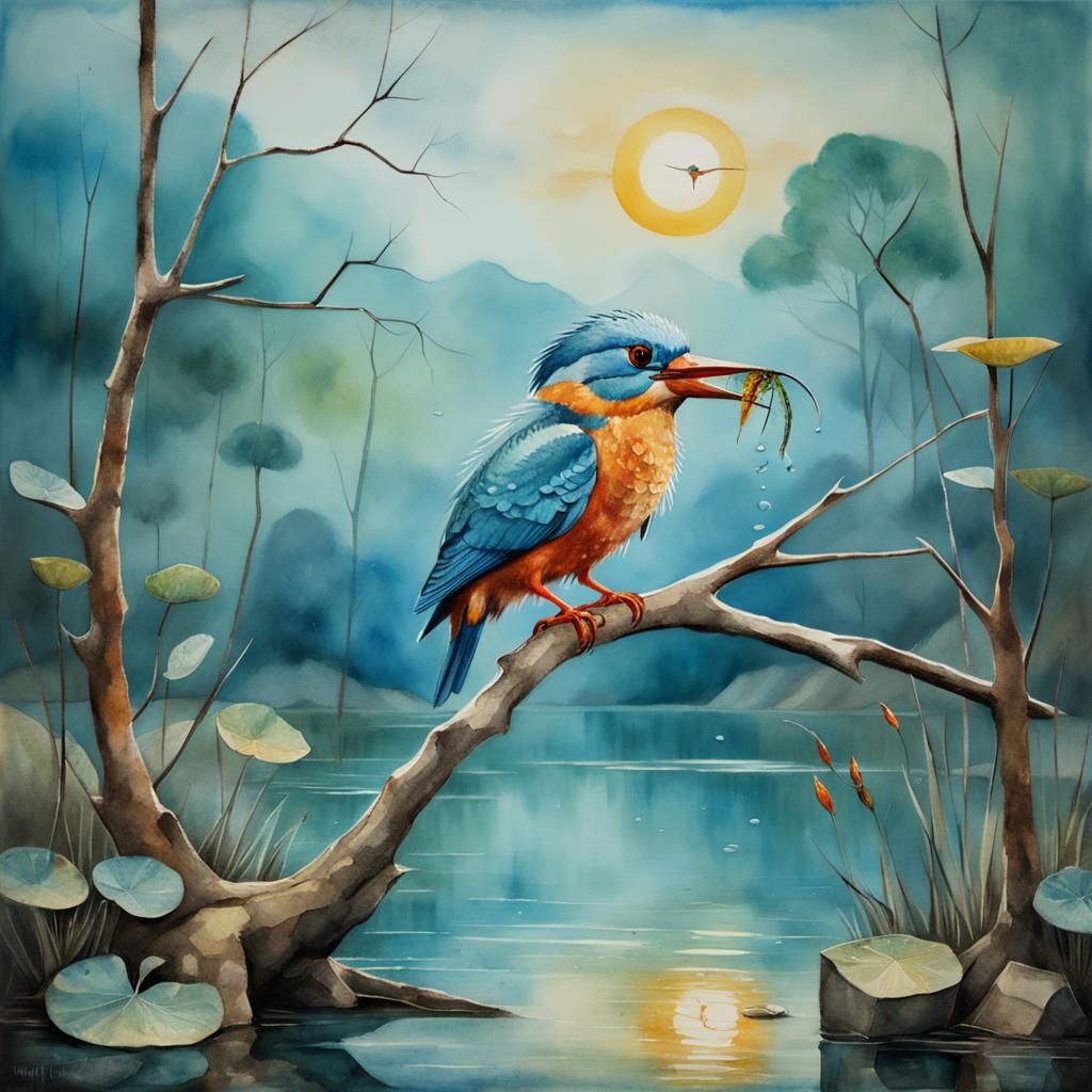 Kingfisher Perched on Branch in Watercolor Style