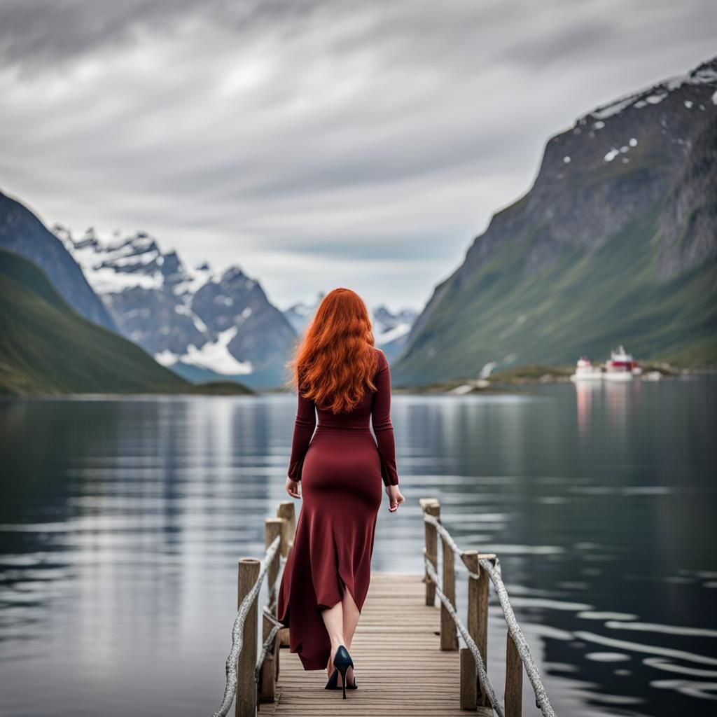 Redhead in Heels Walks Into Norwegian Fjord