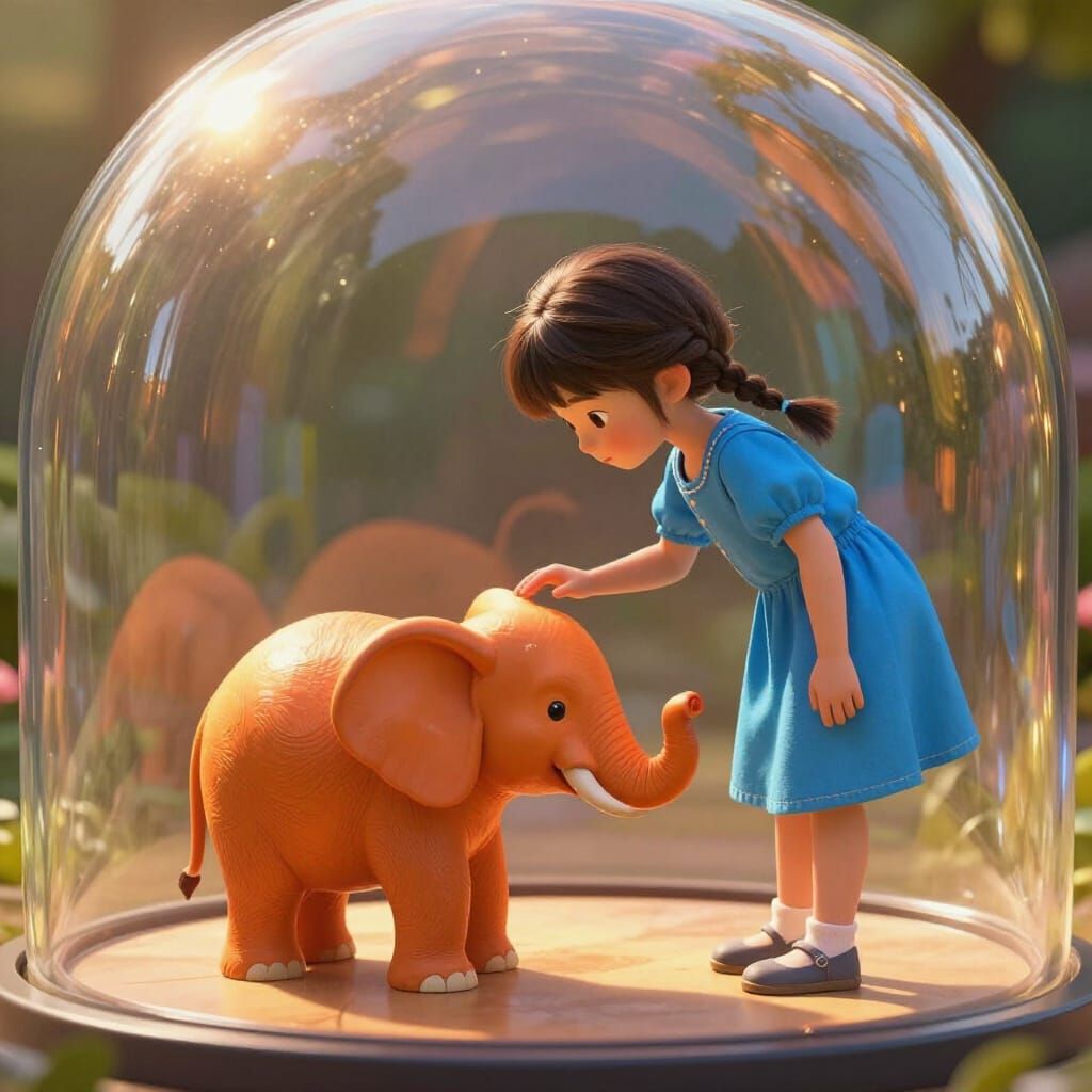 Girl Touches Orange Elephant Inside Glass Dome