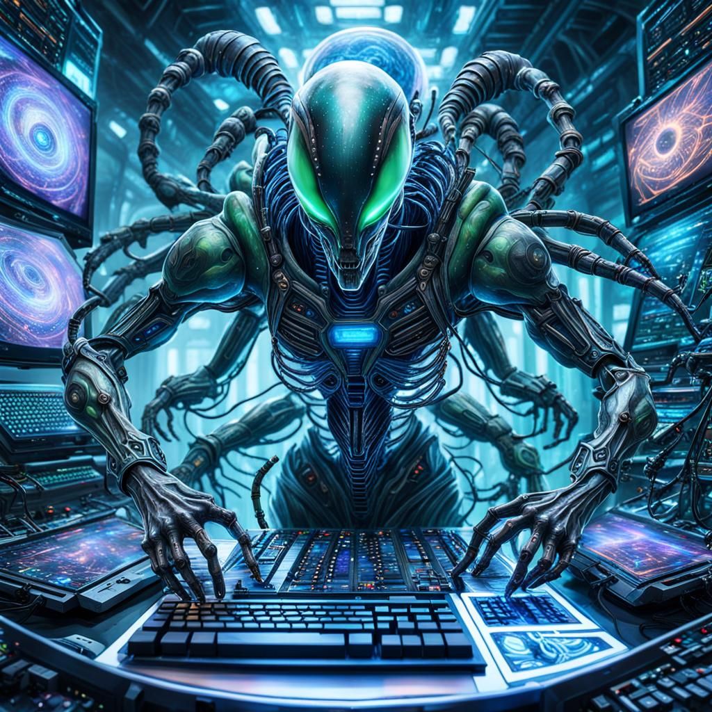 Alien Technician Operates Complex Computer: Astral Illustrat...