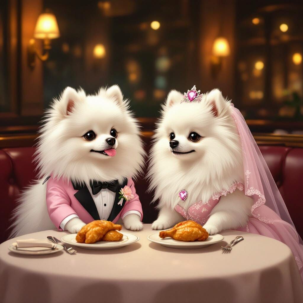 Pomeranians Dine in Style: A Whimsical Restaurant Scene
