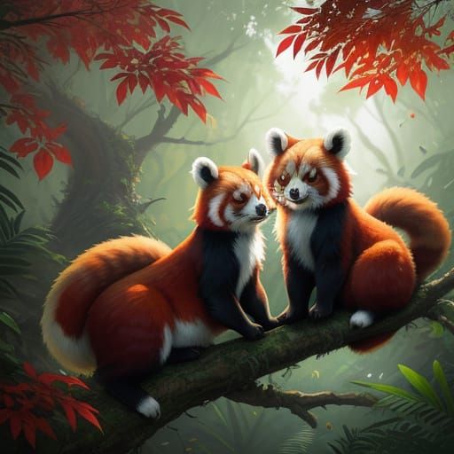 Two Red Pandas Play on Tree Branch in Splash Art Style