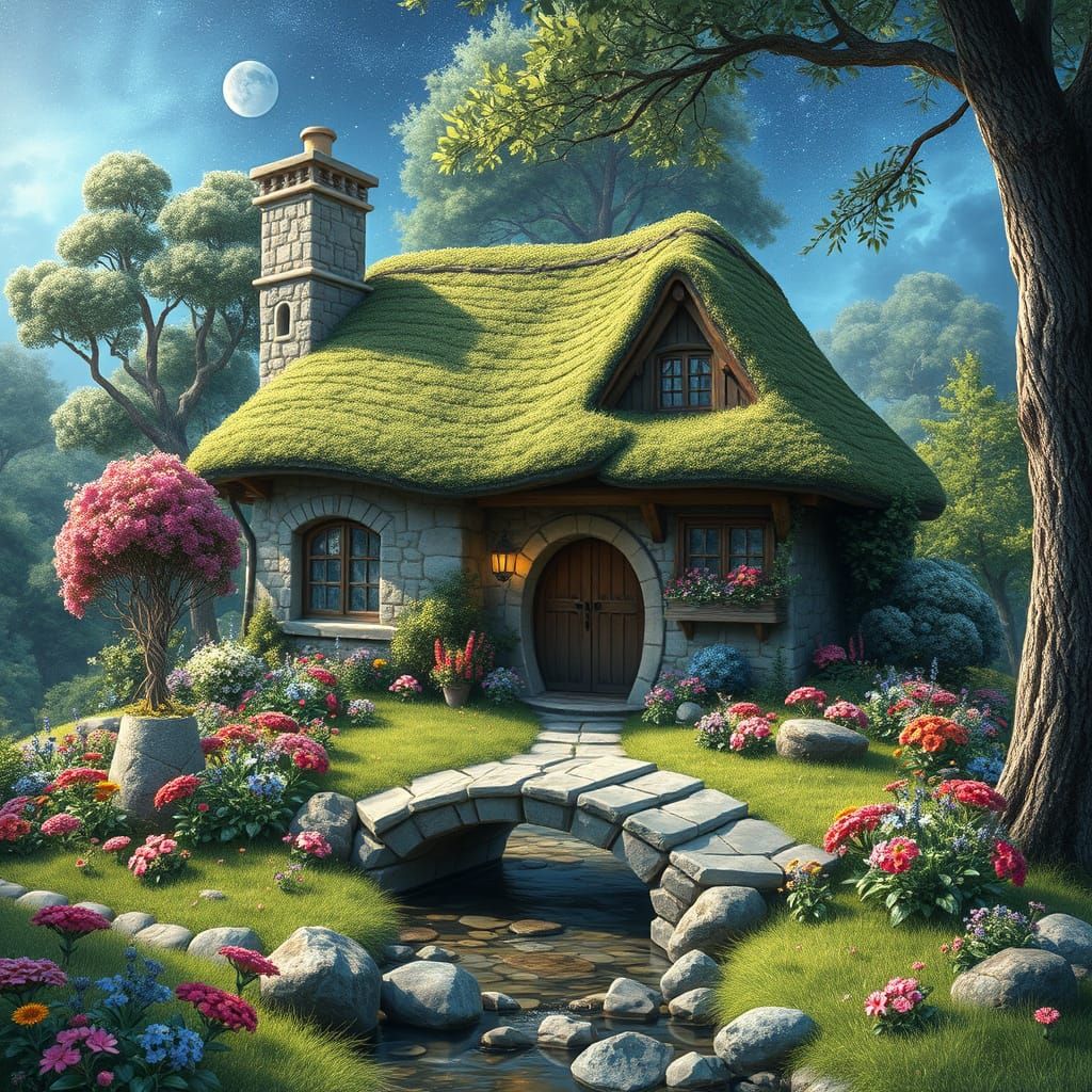 Enchanting Hobbit Cottage with Floral Stream, Astral Illustr...