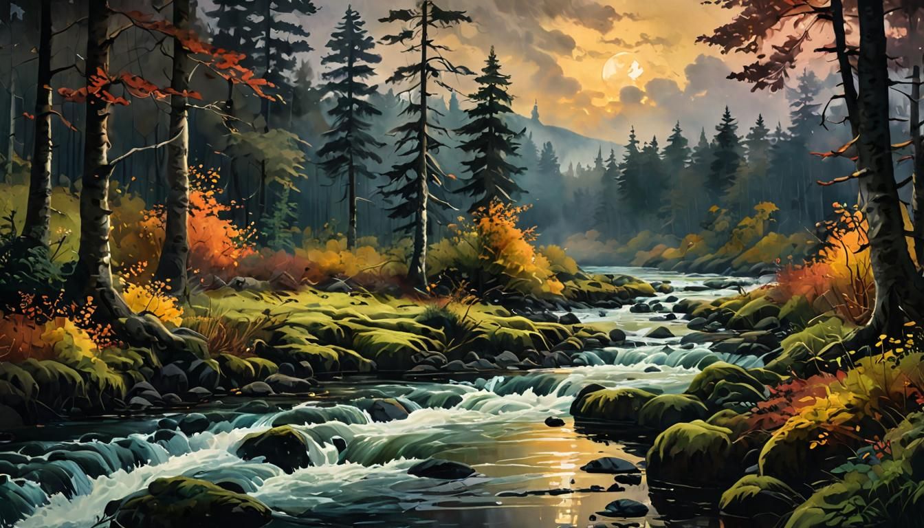 Autumn Forest River at Dusk in Gouache Style
