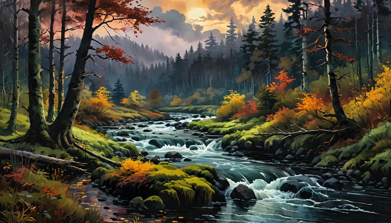 Autumn Forest River at Dusk in Gouache Style